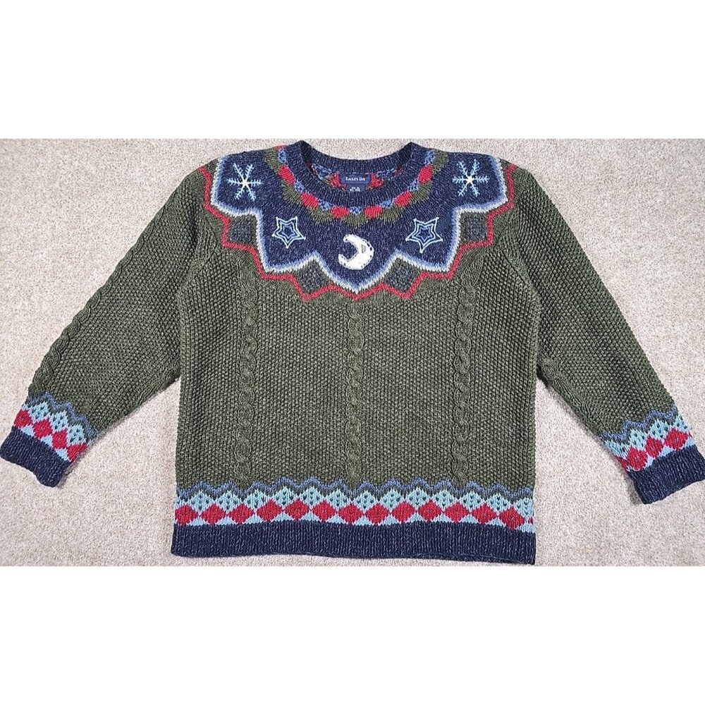 Eagle's Eye Cotton Ramie Cable Knit Sweater Moon Stars Snowflakes Fair Isle XL
